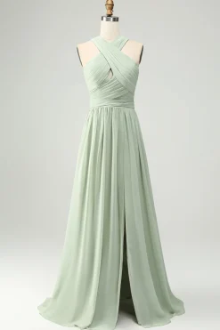 A Line Halter Chiffon Sage Green Pleated Long Bridesmaid Dress with Slit