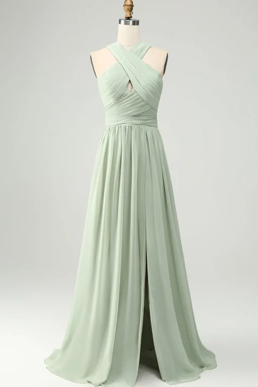 A Line Halter Chiffon Sage Green Pleated Long Bridesmaid Dress with Slit