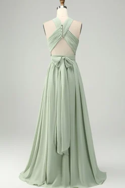 A Line Halter Chiffon Sage Green Pleated Long Bridesmaid Dress with Slit