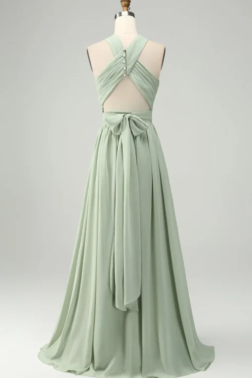 A Line Halter Chiffon Sage Green Pleated Long Bridesmaid Dress with Slit