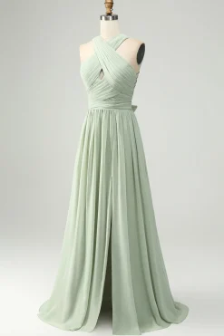 A Line Halter Chiffon Sage Green Pleated Long Bridesmaid Dress with Slit