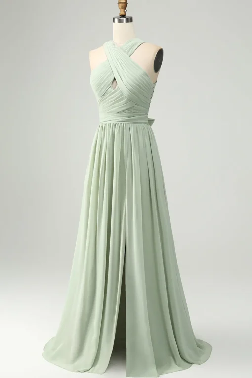 A Line Halter Chiffon Sage Green Pleated Long Bridesmaid Dress with Slit