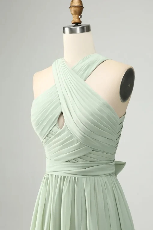 A Line Halter Chiffon Sage Green Pleated Long Bridesmaid Dress with Slit