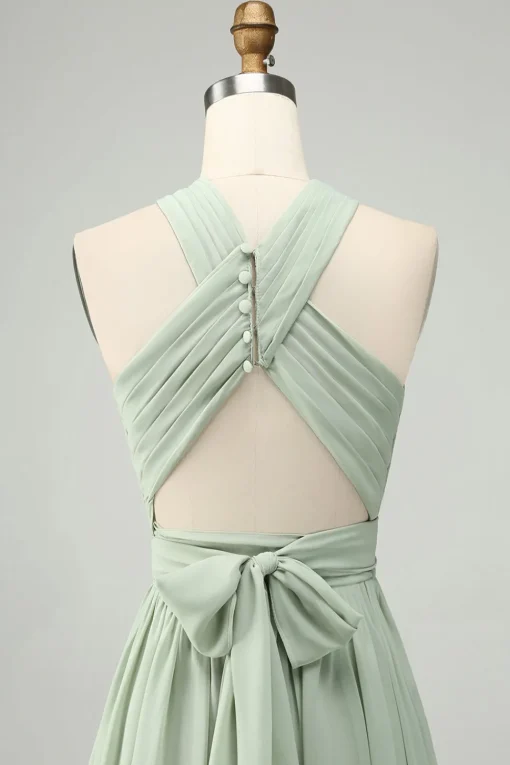 A Line Halter Chiffon Sage Green Pleated Long Bridesmaid Dress with Slit