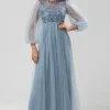 A Line Jewel Neck Grey Blue Long Bridesmaid Dress with Long Sleeves