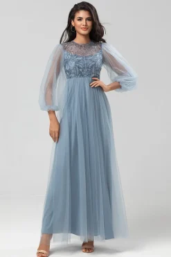 A Line Jewel Neck Grey Blue Long Bridesmaid Dress with Long Sleeves