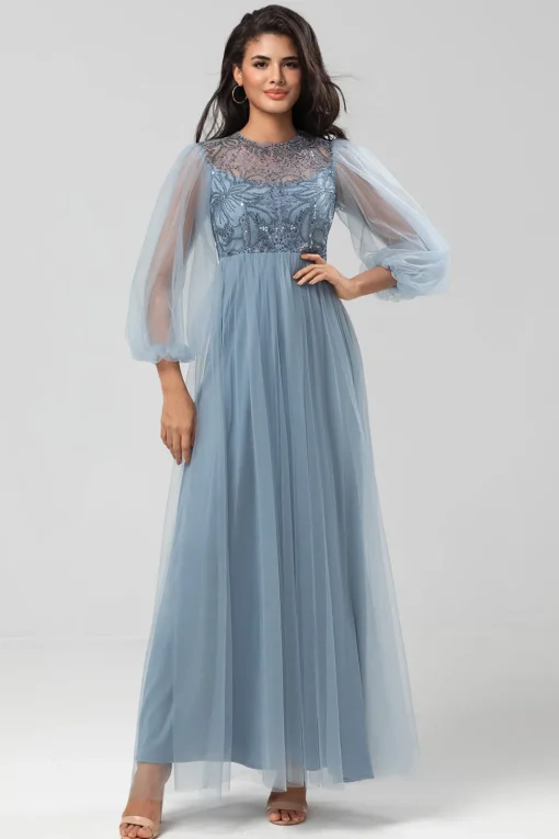 A Line Jewel Neck Grey Blue Long Bridesmaid Dress with Long Sleeves