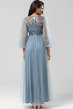 A Line Jewel Neck Grey Blue Long Bridesmaid Dress with Long Sleeves