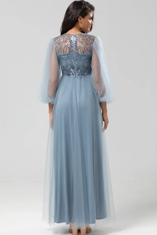 A Line Jewel Neck Grey Blue Long Bridesmaid Dress with Long Sleeves
