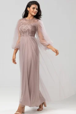 A Line Jewel Neck Grey Blue Long Bridesmaid Dress with Long Sleeves
