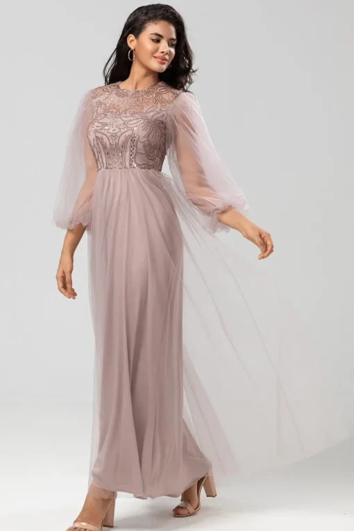 A Line Jewel Neck Grey Blue Long Bridesmaid Dress with Long Sleeves