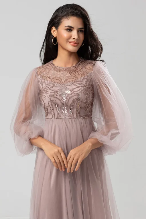 A Line Jewel Neck Grey Blue Long Bridesmaid Dress with Long Sleeves