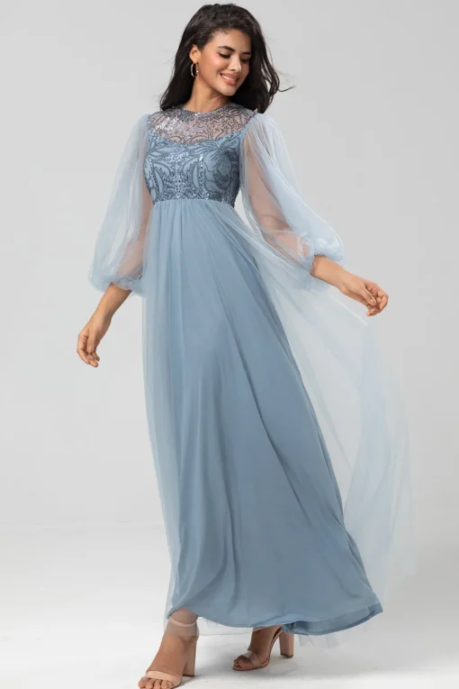 A Line Jewel Neck Grey Blue Long Bridesmaid Dress with Long Sleeves