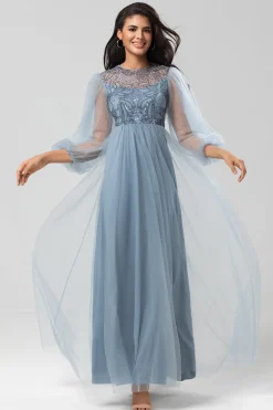 A Line Jewel Neck Grey Blue Long Bridesmaid Dress with Long Sleeves