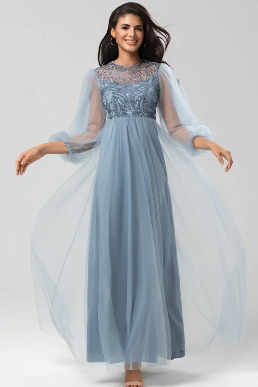 A Line Jewel Neck Grey Blue Long Bridesmaid Dress with Long Sleeves