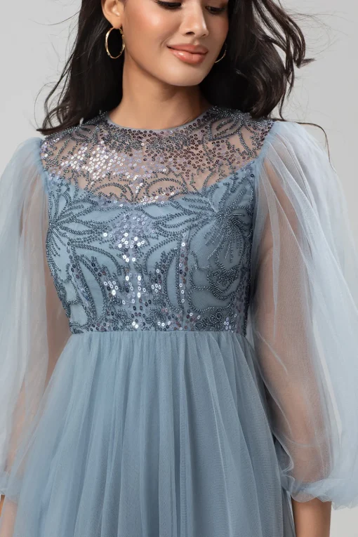 A Line Jewel Neck Grey Blue Long Bridesmaid Dress with Long Sleeves