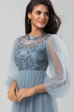 A Line Jewel Neck Grey Blue Long Bridesmaid Dress with Long Sleeves