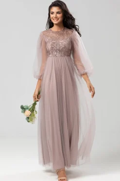 A Line Jewel Neck Grey Blue Long Bridesmaid Dress with Long Sleeves