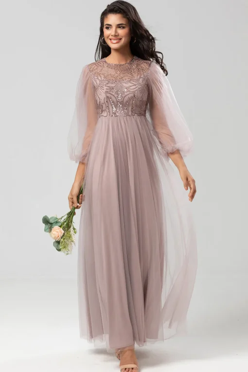 A Line Jewel Neck Grey Blue Long Bridesmaid Dress with Long Sleeves
