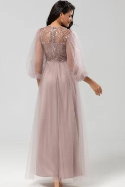 A Line Jewel Neck Grey Blue Long Bridesmaid Dress with Long Sleeves