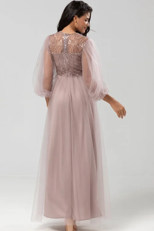 A Line Jewel Neck Grey Blue Long Bridesmaid Dress with Long Sleeves