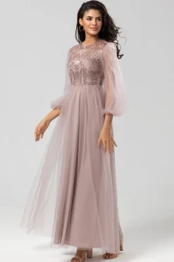 A Line Jewel Neck Grey Blue Long Bridesmaid Dress with Long Sleeves