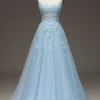 A Line Light Blue Sequin Spaghetti Straps Prom Dress With Appliques