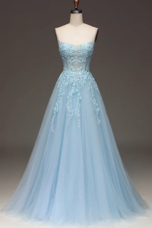 A Line Light Blue Sequin Spaghetti Straps Prom Dress With Appliques