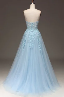 A Line Light Blue Sequin Spaghetti Straps Prom Dress With Appliques