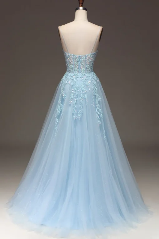 A Line Light Blue Sequin Spaghetti Straps Prom Dress With Appliques