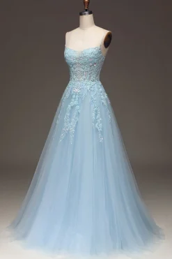 A Line Light Blue Sequin Spaghetti Straps Prom Dress With Appliques