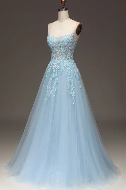A Line Light Blue Sequin Spaghetti Straps Prom Dress With Appliques