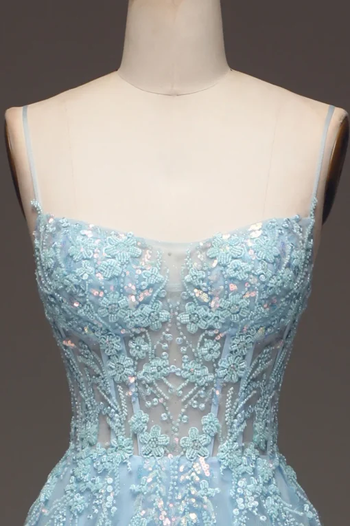 A Line Light Blue Sequin Spaghetti Straps Prom Dress With Appliques