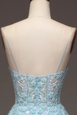 A Line Light Blue Sequin Spaghetti Straps Prom Dress With Appliques