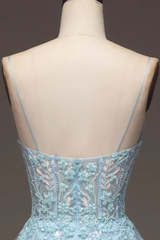 A Line Light Blue Sequin Spaghetti Straps Prom Dress With Appliques