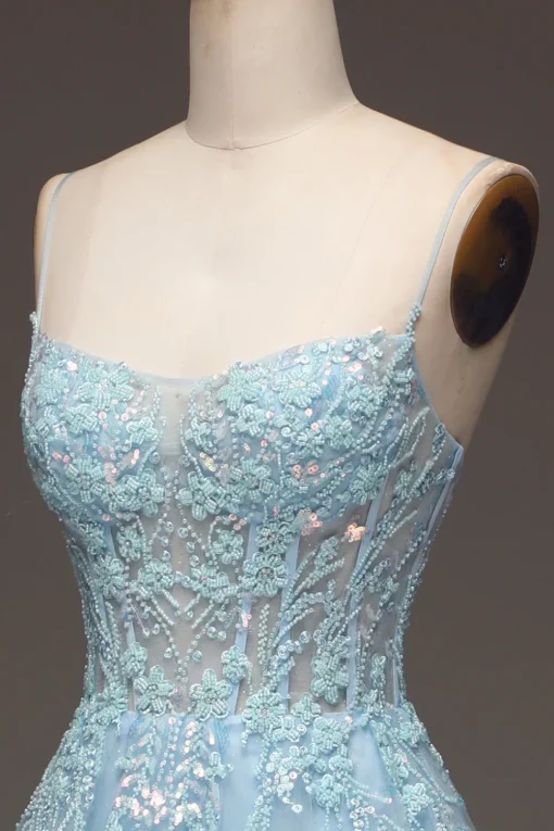 A Line Light Blue Sequin Spaghetti Straps Prom Dress With Appliques