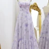 A Line Lilac Floral Print Prom Dress with Bows