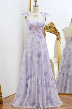 A Line Lilac Floral Print Prom Dress with Bows