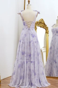 A Line Lilac Floral Print Prom Dress with Bows