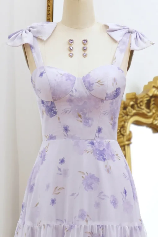 A Line Lilac Floral Print Prom Dress with Bows