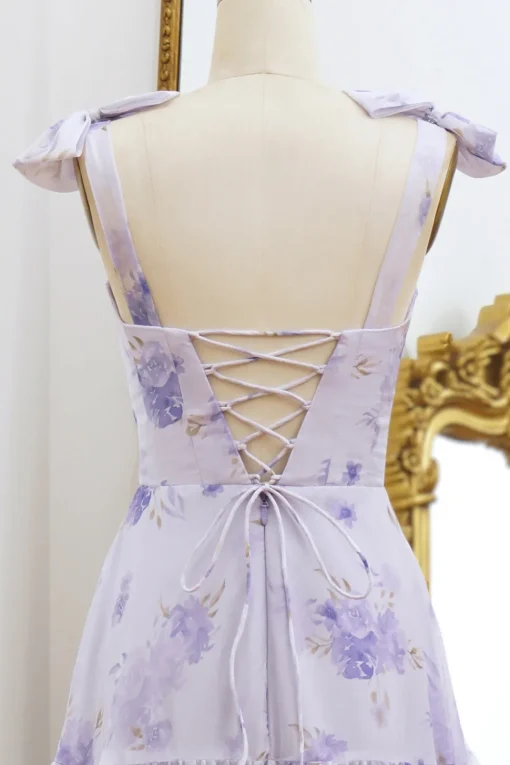 A Line Lilac Floral Print Prom Dress with Bows