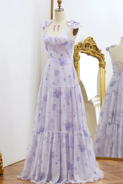 A Line Lilac Floral Print Prom Dress with Bows
