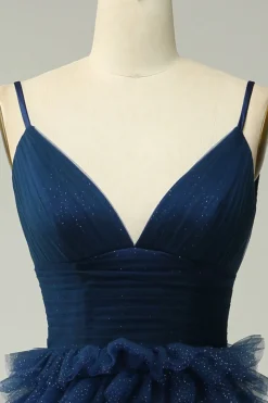 A Line Navy Spaghetti Straps Princess Prom Dress with Slit