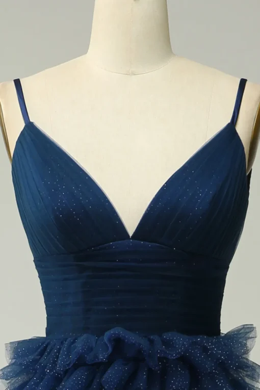 A Line Navy Spaghetti Straps Princess Prom Dress with Slit