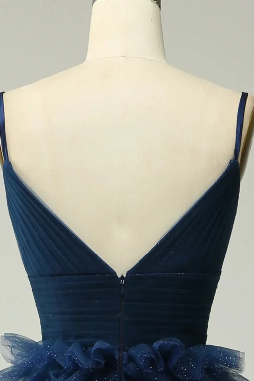 A Line Navy Spaghetti Straps Princess Prom Dress with Slit