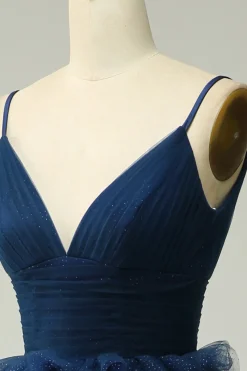 A Line Navy Spaghetti Straps Princess Prom Dress with Slit