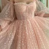 A Line Off the Shoulder Blush Graduation Dress with Long Sleeves