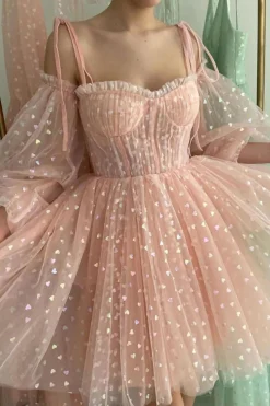 A Line Off the Shoulder Blush Graduation Dress with Long Sleeves