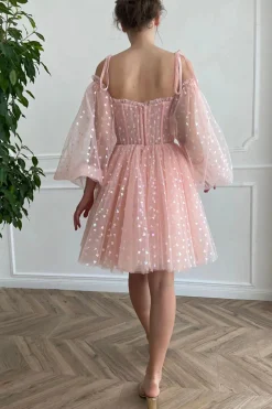 A Line Off the Shoulder Blush Graduation Dress with Long Sleeves