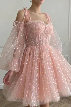 A Line Off the Shoulder Blush Graduation Dress with Long Sleeves